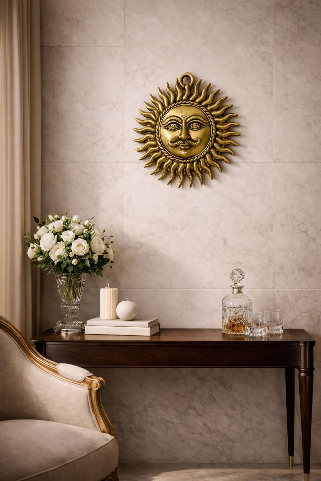 PeetalKraft Premium Brass Surya Dev Wall Hanging | Vastu Sun God Face Decor | Positive Energy & Prosperity Symbol | Home Temple, Entrance & Office Wall Art (11 cm, 250g)