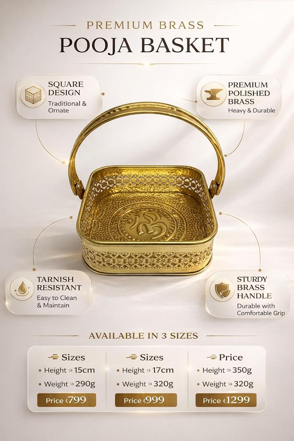 PeetalKraft Brass Square Pooja Basket with Handle | Decorative Puja Daliya for Mandir, Wedding, Festive Use | Durable & Traditional Design (8 cm Height, Multiple Sizes) (Large)