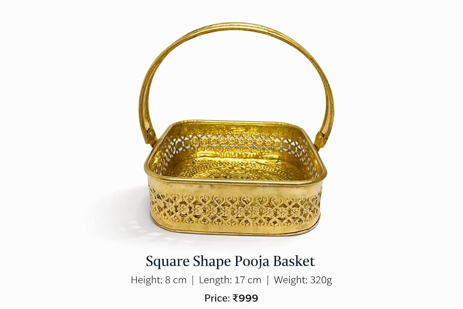 PeetalKraft Brass Square Pooja Basket with Handle | Decorative Puja Daliya for Mandir, Wedding, Festive Use | Durable & Traditional Design (8 cm Height, Multiple Sizes) (Large)