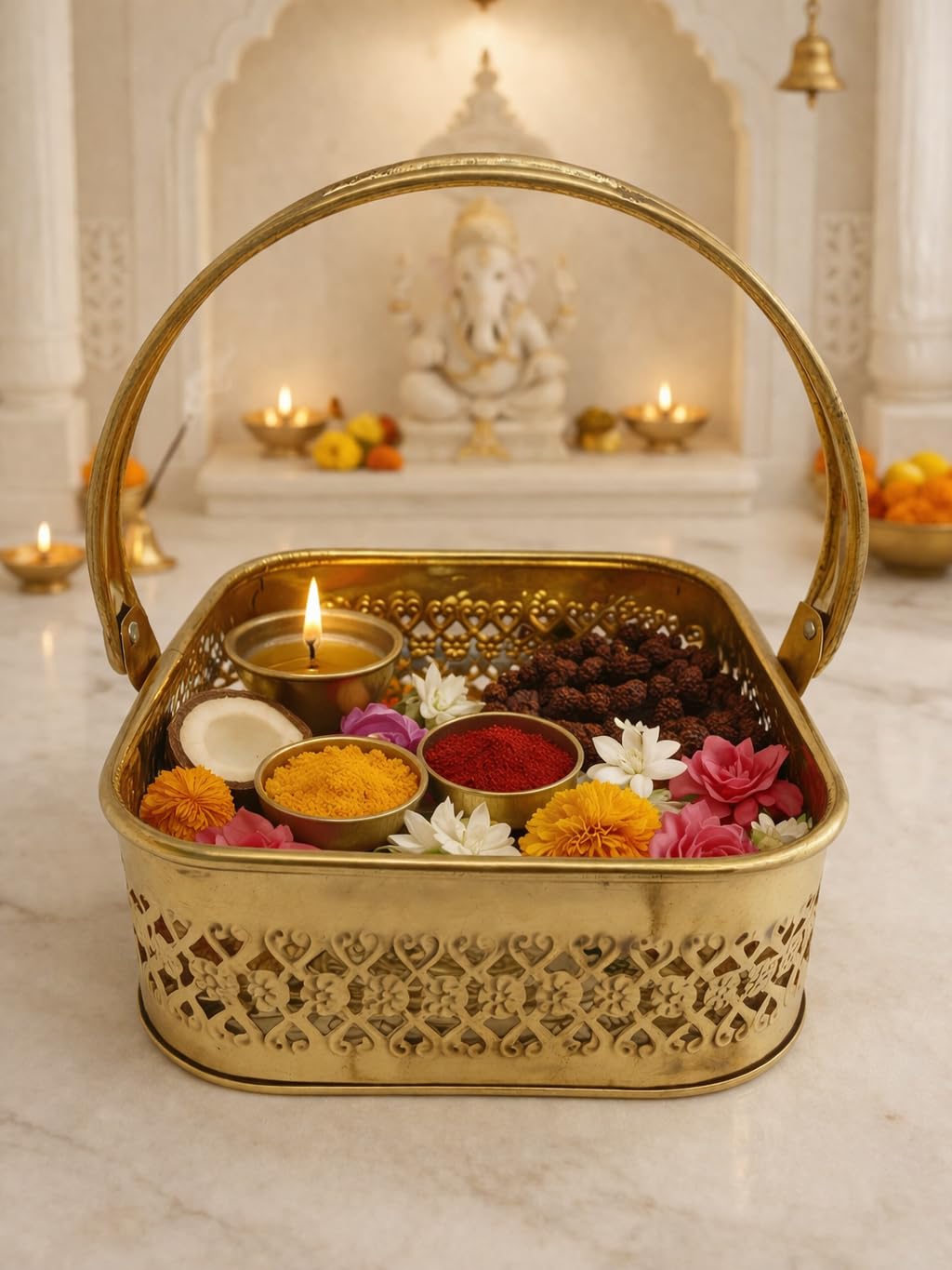PeetalKraft Brass Square Pooja Basket with Handle | Decorative Puja Daliya for Mandir, Wedding, Festive Use | Durable & Traditional Design (8 cm Height, Multiple Sizes) (medium)
