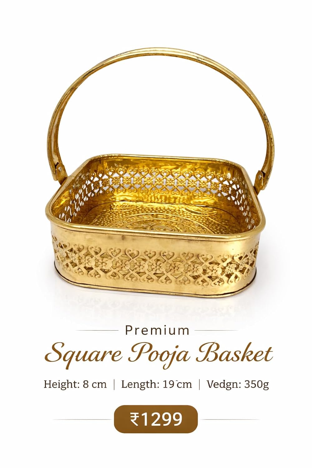 PeetalKraft Brass Square Pooja Basket with Handle | Decorative Puja Daliya for Mandir, Wedding, Festive Use | Durable & Traditional Design (8 cm Height, Multiple Sizes) (medium)