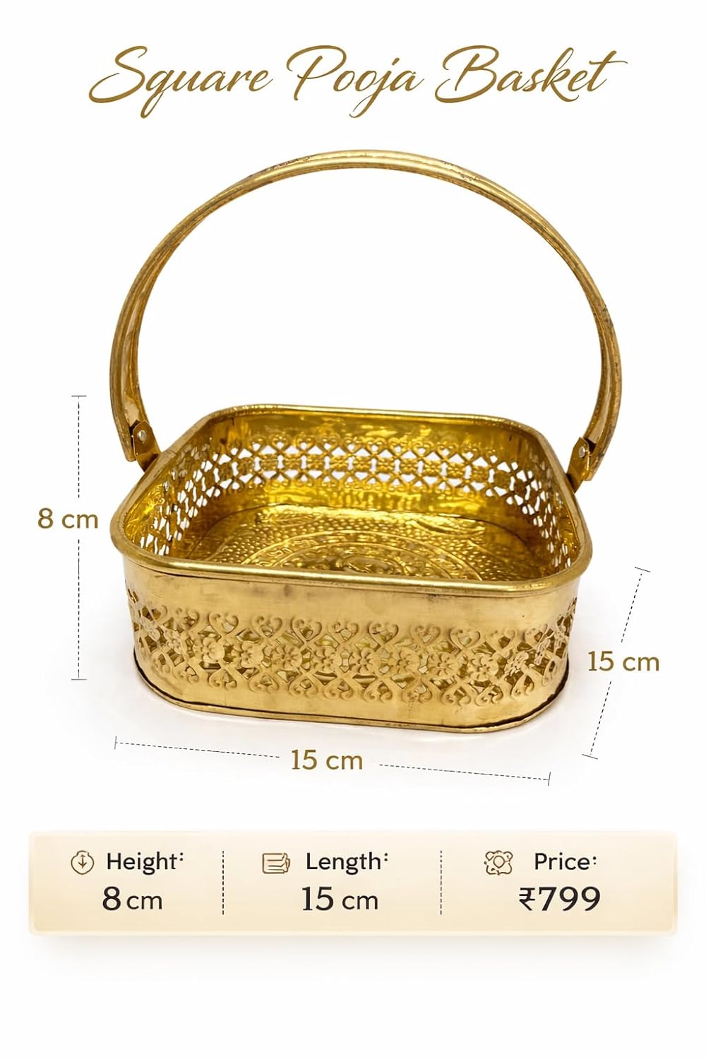 PeetalKraft Brass Square Pooja Basket with Handle | Decorative Puja Daliya for Mandir, Wedding, Festive Use | Durable & Traditional Design (8 cm Height, Multiple Sizes) (small)