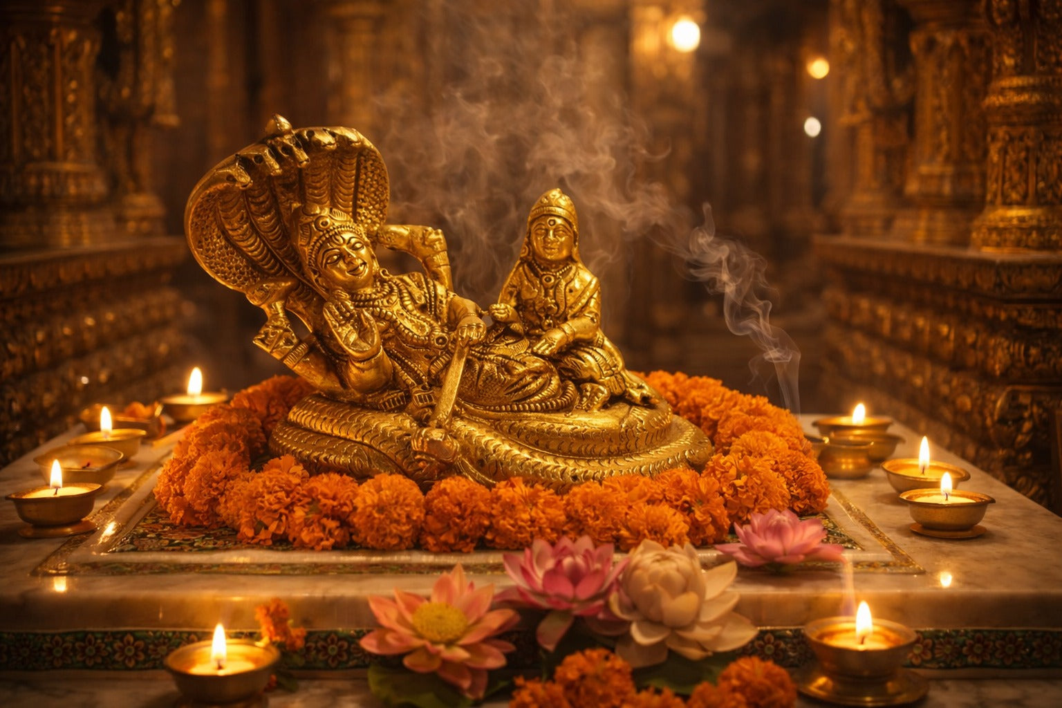 PeetalKraft Golden Brass Lord Vishnu & Lakshmi Idol for Pooja Home Decor, Size 9x5x8 cm, Weight 939 Grams