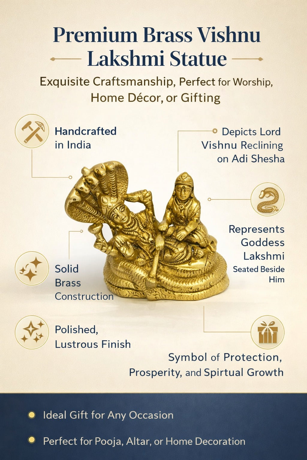 PeetalKraft Golden Brass Lord Vishnu & Lakshmi Idol for Pooja Home Decor, Size 9x5x8 cm, Weight 939 Grams