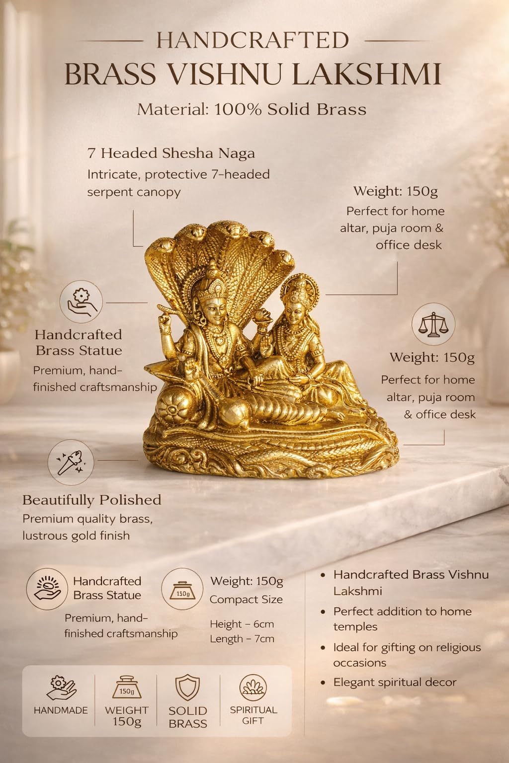 PeetalKraft Pure Brass Vishnu Lakshmi Idol for Home Temple Puja Decor, 6 x 7 cm, Handcrafted Spiritual Gift for Diwali, Housewarming & Religious Occasions | 150g