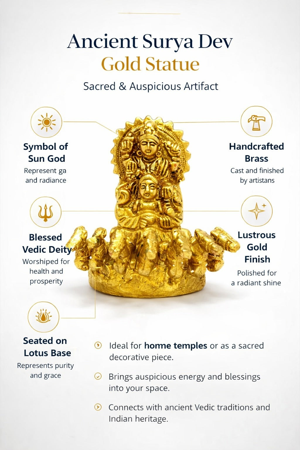 PeetalKraft Golden Brass Surya Dev Rath Statue Showpiece for Home Temple and Vastu, Size 6x7x7 cm, Weight 376 Grams