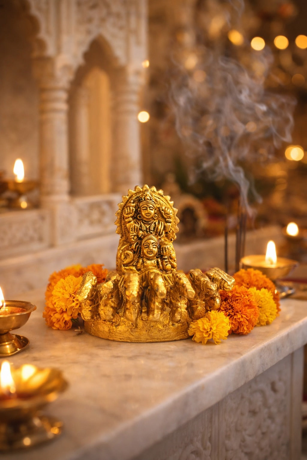 PeetalKraft Golden Brass Surya Dev Rath Statue Showpiece for Home Temple and Vastu, Size 6x7x7 cm, Weight 376 Grams