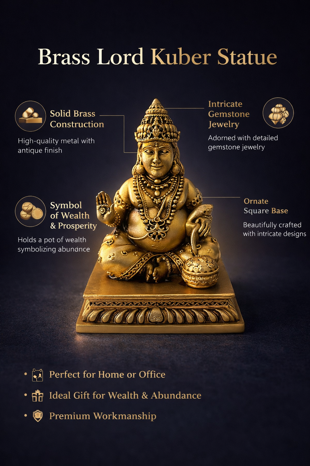 PeetalKraft Brass Lord Kuber Statue, Antique Finish, 8cm, for Home Temple, Office Desk & Vastu Décor
